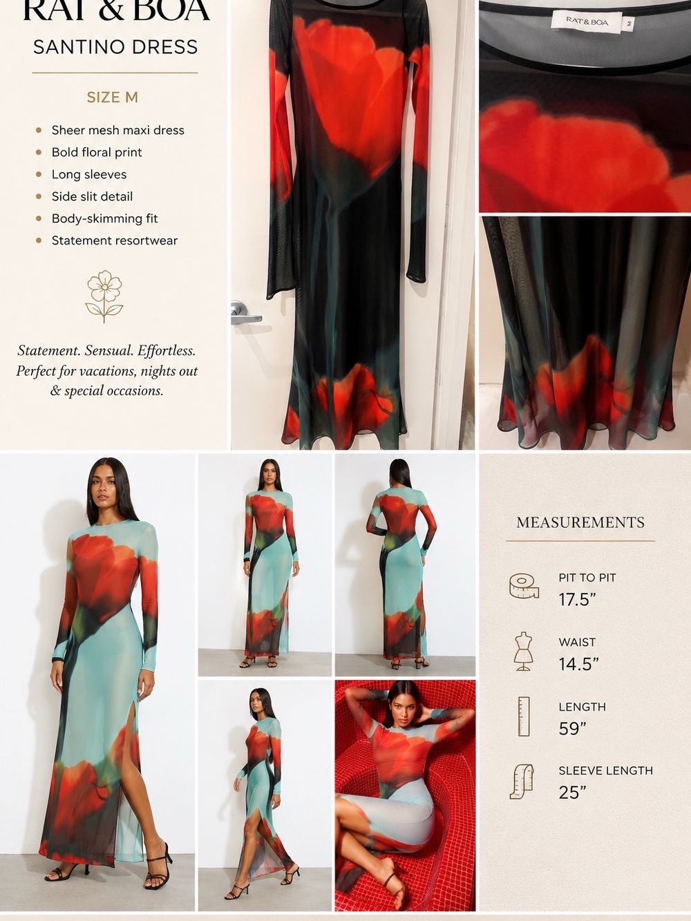 Rat & Boa Sheer Floral Maxi Dress in Red & black-stock image in teal-4reference